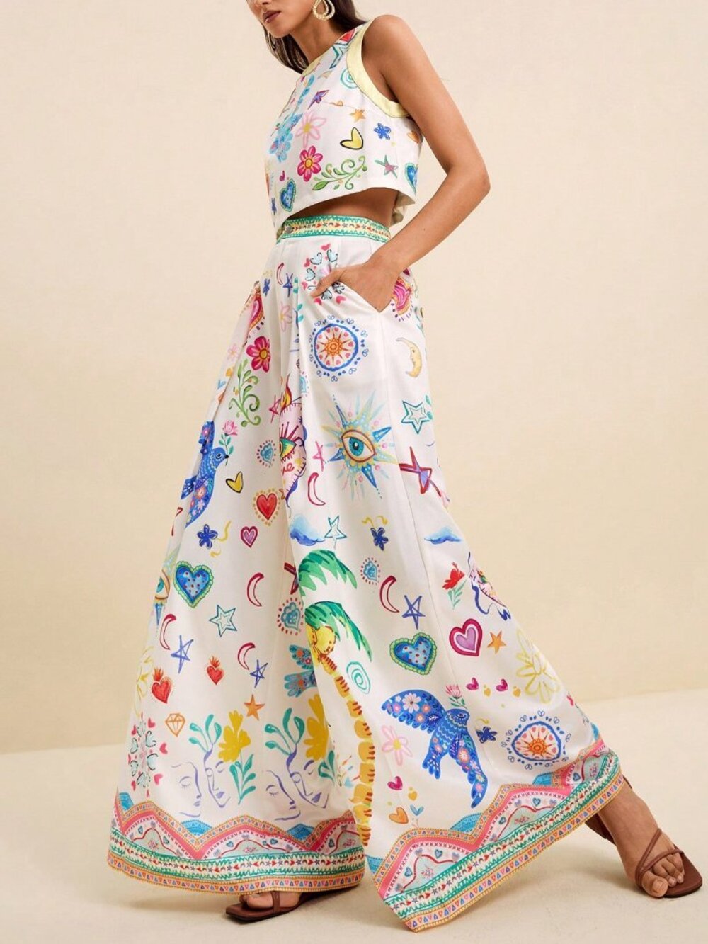 Multicolor Boho Women's Tropical Print Sleeveless Crop Top & Wide Leg Pants Set - Picture 8 of 9